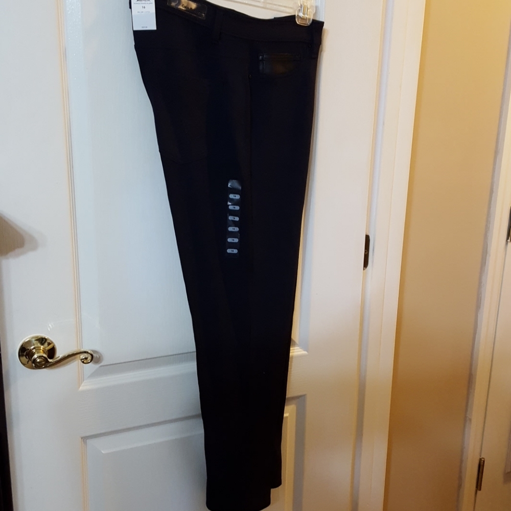Calvin Klein 412 French Dark Navy stretch pants faux leather trim size 16 NEW…